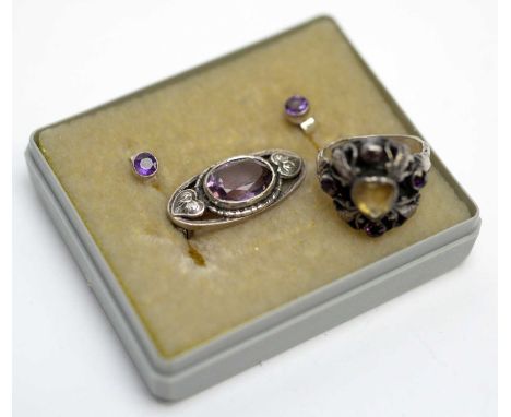 A silver ring, set with heart-shaped citrine and garnets; together with a silver and amethyst brooch and earrings.