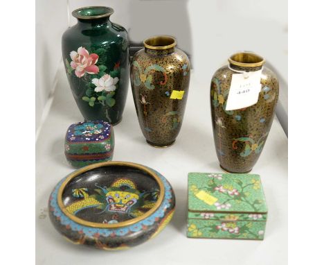 A selection of cloisonne enamel wares, including: a Chinese cloisonne enamel vase, decorated with roses in shade of pink on g