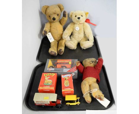 A collection of vintage teddy bears and toys, including: a Steiff '1909 Classic' teddy bear, with label and button to ear; va