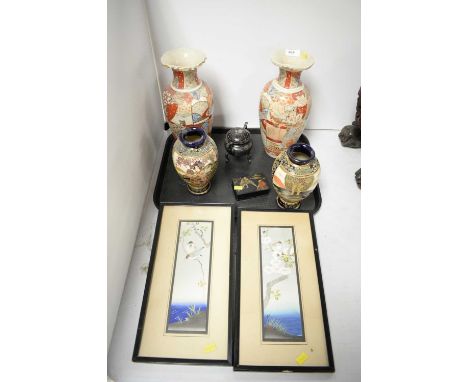 A selection of Oriental items, including: a pair of Japanese Kutani vases, 31cms high; a pair of Japanese Satsuma vases, 19cm