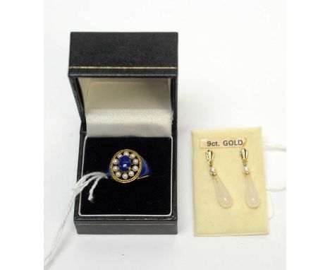 A lapis lazuli and cultured pearl dress ring, in 9ct yellow gold mount and shank, ring size P; together with a pair of cultur