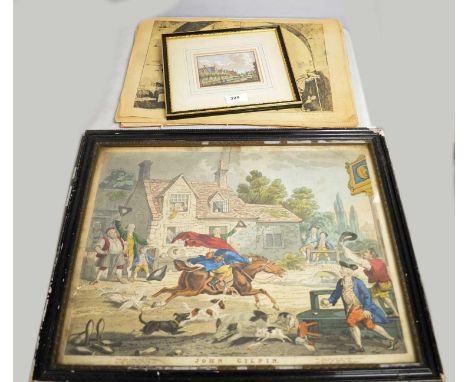 A selection of prints, etchings, maps and other items, including: a map of Hexham and Corbridge, in circular mahogany frame, 