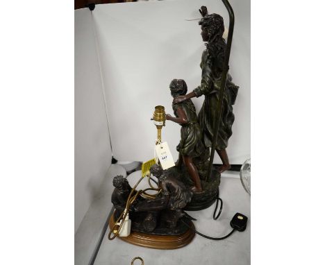 A 20th Century bronzed spelter figural table lamp, formed as a lady and child, raised on a naturalistic circular base, 94cms 