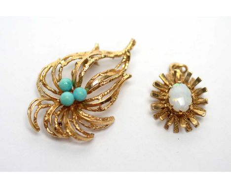 A 9ct gold and turquoise brooch, 4cms high, 5.3g gross; and a 9ct gold and opal pendant, in floral pattern mount, 2.3cms high