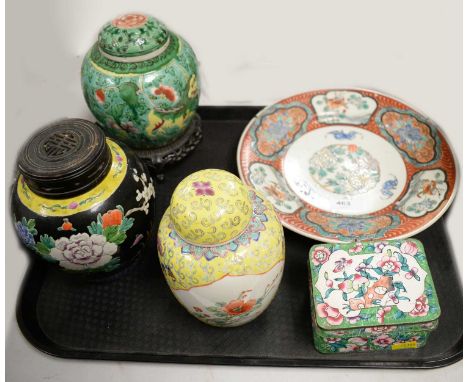 Two Chinese ginger jars with covers, one on carved and pierced hardwood stand; together with another ginger jar (lacking cove