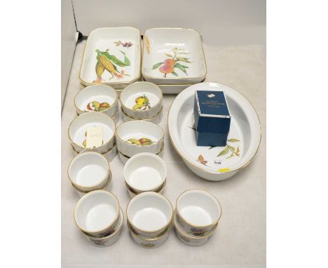 Royal Worcester Evesham pattern oven-to-table ware; two pairs of serving dishes, seven dishes, a set of ten smaller circular 