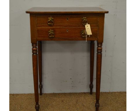 A Georgian mahogany and satinwood banded occasional/work table, rounded rectangular top above chequer strung drawers, with ri