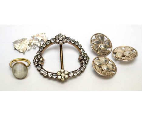 Three silver buttons, import marks of CD, London 1901, with flower design; a Mizpah brooch; a 19th Century paste set buckle; 