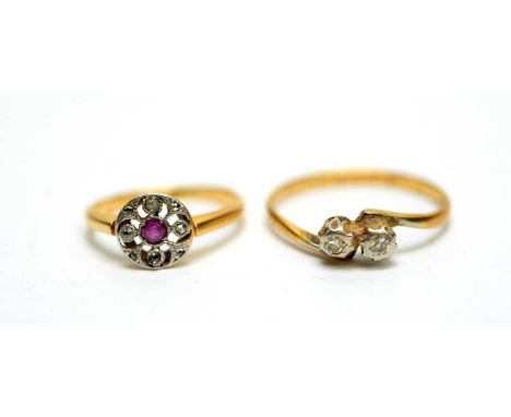 An Edwardian ruby, rose cut diamond and yellow gold ring, size F; together with a diamond two stone ring, size L, 3.5g gross.