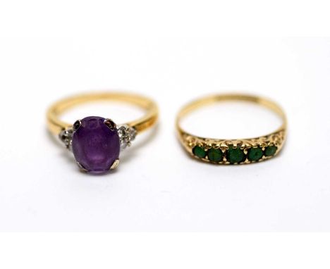 An amethyst and diamond ring, on 9ct yellow gold shank, ring size M; and a turquoise ring, on 9ct yellow gold shank, ring siz