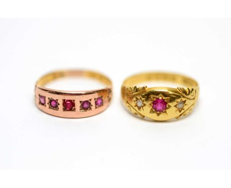 An 18ct gold ruby and diamond ring, by D &amp; Co, Chester 1918, ring size N; and a Victorian gold and ruby ring, size O, 4.9