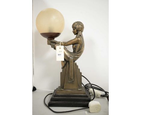 An Art Deco style figural table lamp, modelled as a lady with stylised headpiece and long flowing hair, a frosted glass shade