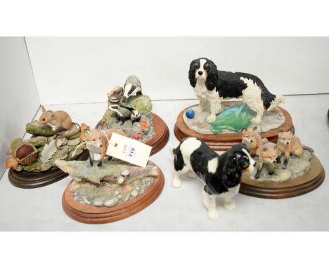 A selection of Border Fine Arts animal figure groups, including: 'Sitting Tight'; 'First Time Out'; 'King Charles Cavalier Sp