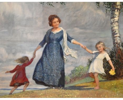 MAX Corneille (1875 München - 1924 ebd.) "Frühlingsreigen" stehende Frau, um sie im Reigen tanzend zwei kleine Mädchen, alle 