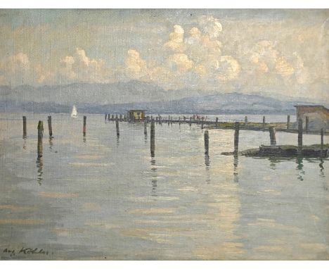 KÖHLER  August (1881 Stuttgart - 1964 ebd.) "Bodenseestimmung" Blick auf den See mit Holzpfählen, Steg mit kleinen Hütten, im