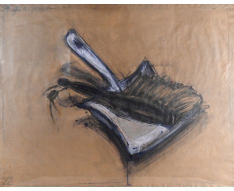 GRAUPNER  Albrecht (1930 Herzberg - 1996 Wiesbaden) "Kehrschaufel mit Besen" Mischtechnik auf braunem Packpapier, links oben 