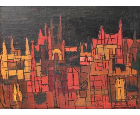 OTTINGER Ulrike (1942 Konstanz) "Stadtsilhouette" unterm Nachthimmel in warmen Rot-, Gelb-, Orangetönen, Ölgemälde auf Platte