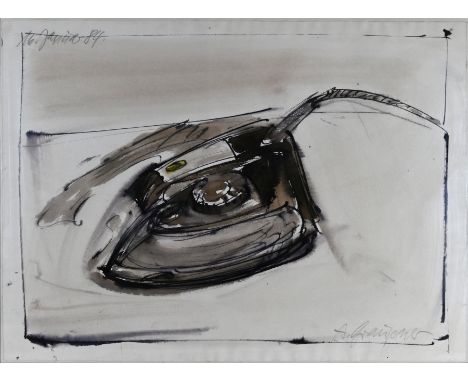 GRAUPNER  Albrecht (1930 Herzberg - 1996 Wiesbaden) "Bügeleisen" Mischtechnik, Aquarell/Tusche weiß gehöhlt, auf Packpapier, 