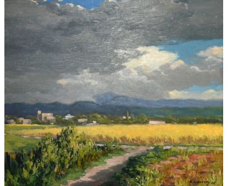CLAVERIA TORRENTS  Sergimon (1889 Spanien) "Feldlandschaft" im Hintergrund Architektur und Hügel, Ölgemälde auf Platte, recht