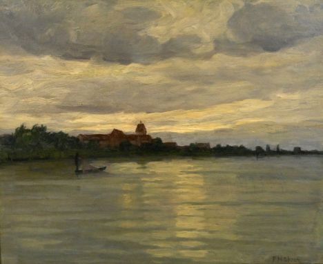 HÜBSCH  Franziska (1857 Phillipsburg - 1944 Baden-Baden) "Morgenstimmung über der Insel Reichenau" im Hintergrund der Hegau, 