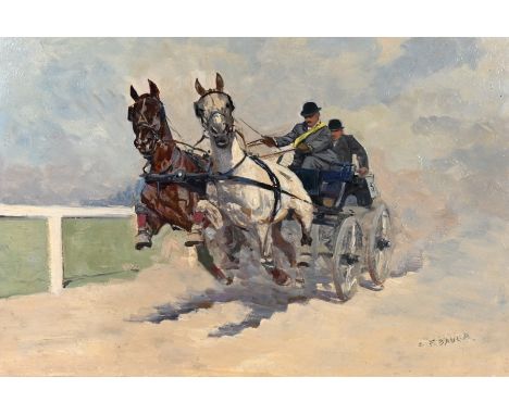 BAUER  Carl Franz (1879 Wien, Österreich - 1954 ebd.) "Pferdekutschenrennen" Zweispänner im rasanten Tempo, hoch aufwirbelnde