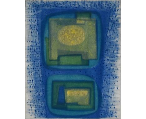 KELLER  Erich (1919 Konstanz - 2010 Costiglione d'Asti/Italien) "Abstrakt", Radierung in Blau, Grün und Gold auf Bütten, rech