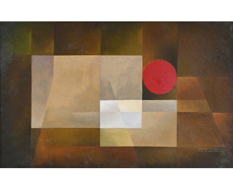 MATYSIAK  Walter (1915 Schweidnitz - 1985 Konstanz) "Abstrakt mit roter Sonne", Mischtechnik auf Platte, rechts unten signier