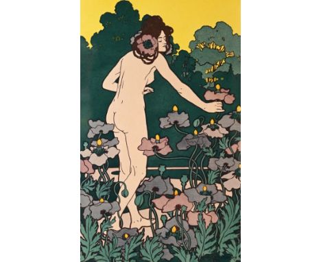 CHRISTIANSEN  Hans (1866 Flensburg - 1945 Wiesbaden) "L'Heure du Berger" auf einem Weg stehender blumenpflückender Akt, im Vi