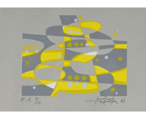 KELLER  Erich (1919 Konstanz - 2010 Costiglione d'Asti/Italien) "Abstrakt" in Grau- und Gelbtönen, mit Silber, Holzschnitt au