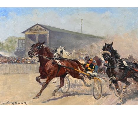 BAUER  Carl Franz (1879 Wien, Österreich - 1954 ebd.) "Trabrennen" von rechts im rasanten Tempo die Traber, im Hintergrund di