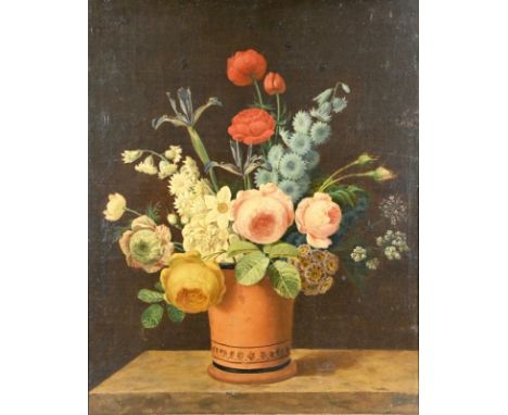 STILLEBENMALER  (um 1900) "Sommerblumen in Tonvase" vor schwarzem Grund, Ölgemälde auf Platte, 55x43,5cm, R