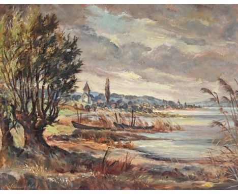 STADELHOFER  Karl (1897 Wollmatingen-Konstanz - 1960 ebd.) "Vorfrühling in Oberzell" Blick auf die Reichenau, Ölgemälde auf L