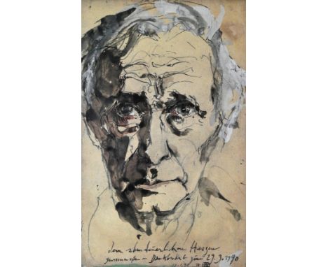 JANSSEN  Horst (1929 Wandsbek - 1995 Hamburg) "Ernst Jünger" Portrait, Farblithographie gouachiert und aquarelliert, mit Devi