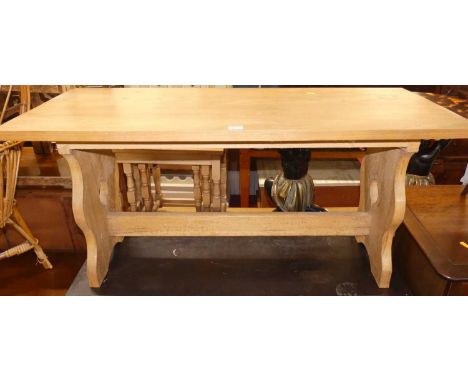 A contemporary blond elm two-seater trestle end bench, length 107cm