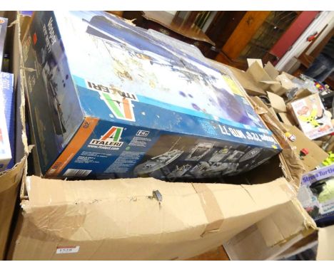 Three large boxes of various scales boxed plastic kits to include; Tamiya Cromwell MK4, Revell Ford Shelby 500 and others (co