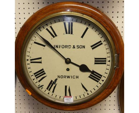 A Victorian walnut circular wall clock, the white enamel dial signed Linford &amp; Son, Norwich, having single winding hole, 
