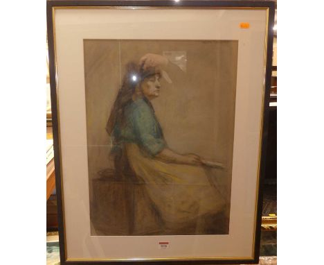 EM Jessup - full length profile portrait of a seated middle aged woman, pastel, signed upper right, 55x40cm