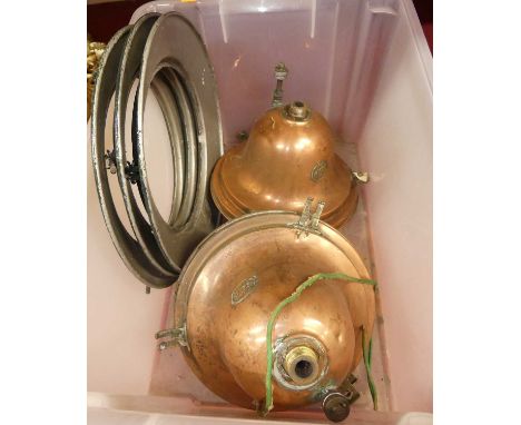 A set of three GEC copper ceiling pendants, to anodised metal shades; together with a pair of clear glass conical ceiling lig