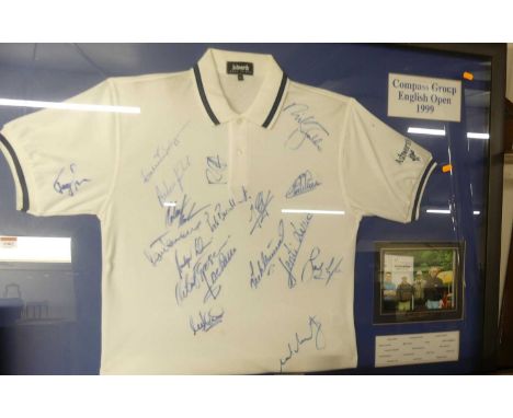 Compass Group English Open 1999, framed and signed player's polo shirt, to include Nick Faldo, Sandy Lyle, and Sam Torrance