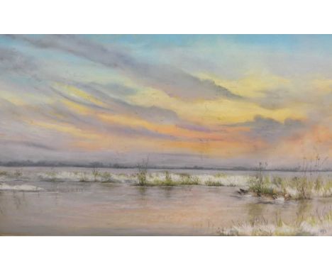 Valerie Jordan - River landscape at sunset, pastel, signed with monogram lower right, 30x45cm, together with two others by th