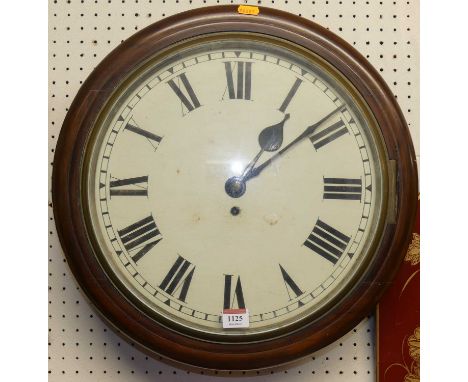A Victorian mahogany circular wall clock, having a plain white enamel dial, single winding hole, fusee movement (lacking pend
