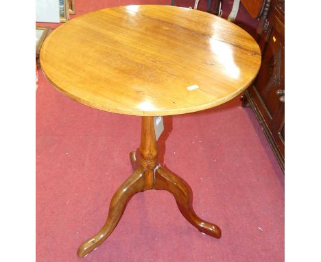 A yew fixed top circular pedestal tripod occasional table, dia. 53.5cmOne support with repairs, and also loose at joined sect