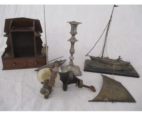 A collection of metal and wood ware including a part Parker Yacht lighter, pipe rack, Elkington silver plated candlestick fro