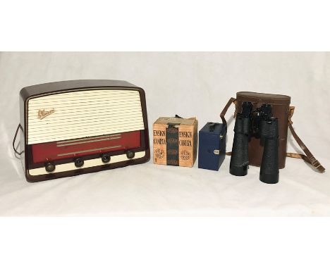 A pair of Lieberman &amp; Gortz 25x52 binoculars, Marconiphone radio and Ensign camera