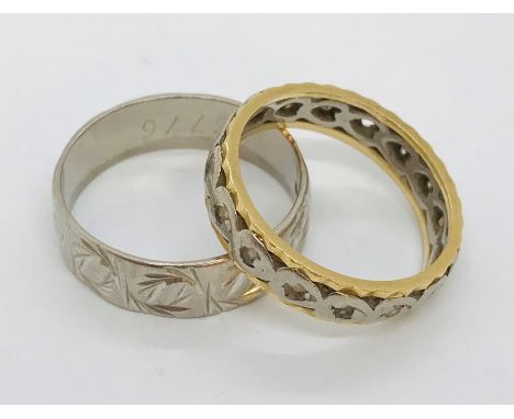 An 18ct white gold wedding band along with an 18ct gold eternity ring, total weight 9.4g