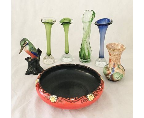 A collection of art glass vases, Burleigh ware bowl etc.