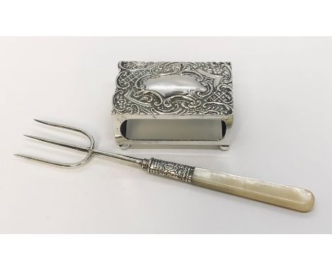 A hallmarked silver matchbox holder along with a silver pickle fork with mother of pearl handle