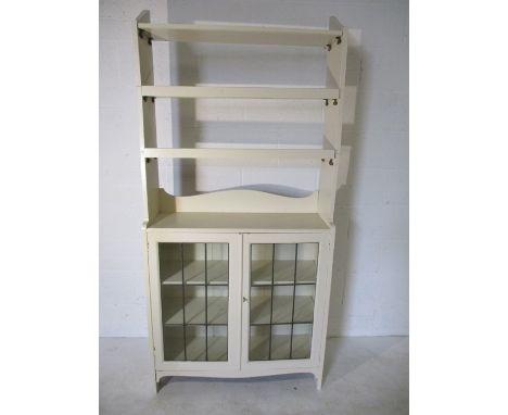 A vintage painted display cabinet with leaded light features. Height 193cm Width 91cm depth 31cm