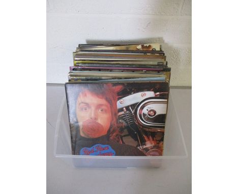 A collection of 12" vinyl records including Blondie, ELO, Squeeze, Moody Blues, Simon &amp; Garfunkel, Wings, Beach Boys, Mic