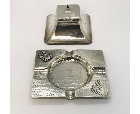 A hallmarked silver inkwell ( hinge A/F) along with a continental silver ashtray
